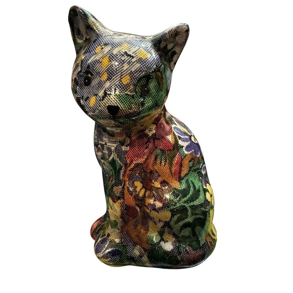Vintage Decoupage Ceramic Cat Figurine Floral Patchwork Design 7”